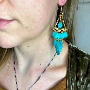 SHOWSTOPPING Teal and Gold Tiered Dangle Earrings